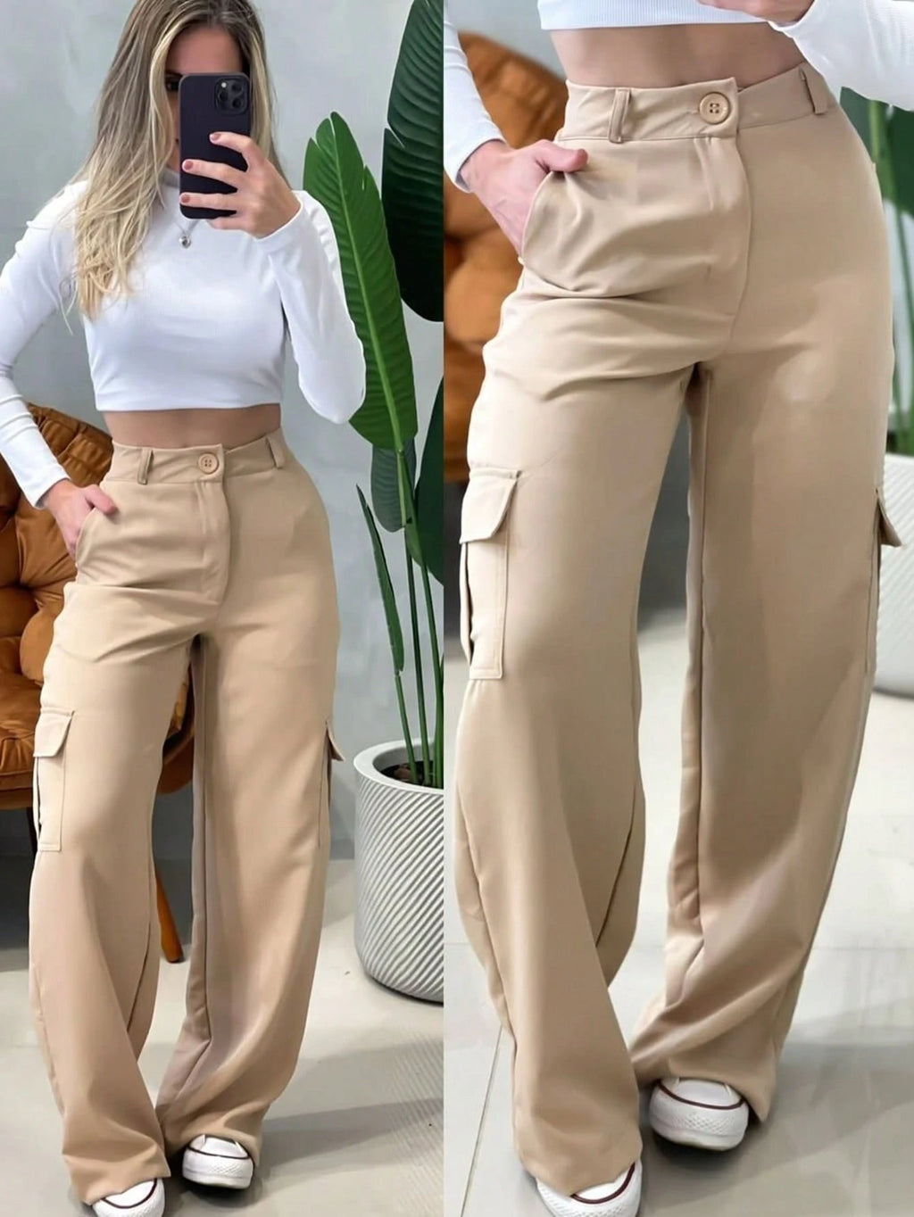 Calça Feminina Cargo Alfaiataria Pantalona com Bolsos Laterais