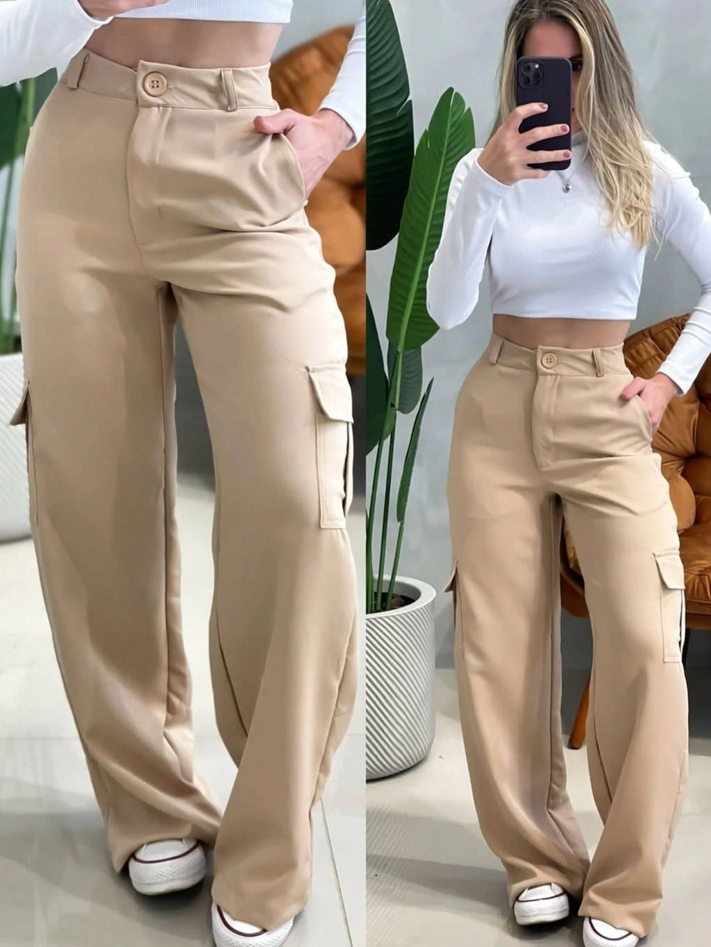 Calça Feminina Cargo Alfaiataria Pantalona com Bolsos Laterais