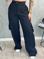 Calça Feminina Cargo Alfaiataria Pantalona com Bolsos Laterais – Creme ou Preto
