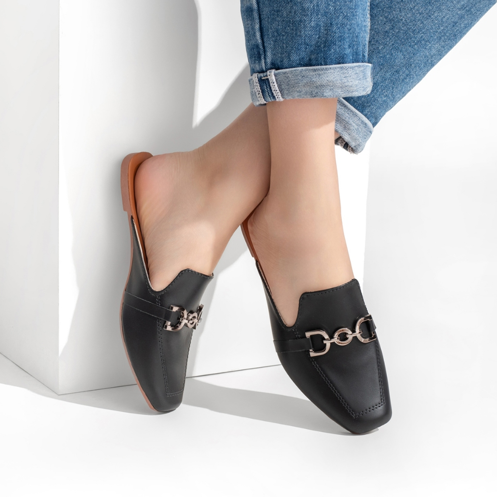 Mule Feminino Bico Quadrado Sapatilha Sapato Detalhe em Abs Muller Confortável Elegante