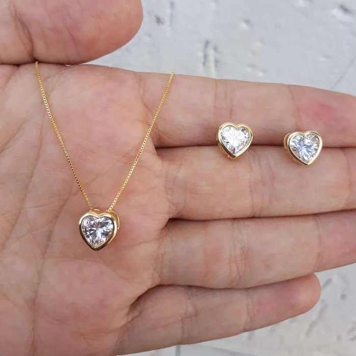 Conjunto Colar e Brinco Banhado Prata 925 a ouro 18k Ponto de Luz coração
