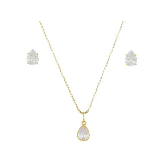 Conjunto Colar e Brinco Prata 925 e Banhado a Ouro 18k - Ponto de Luz e Coração