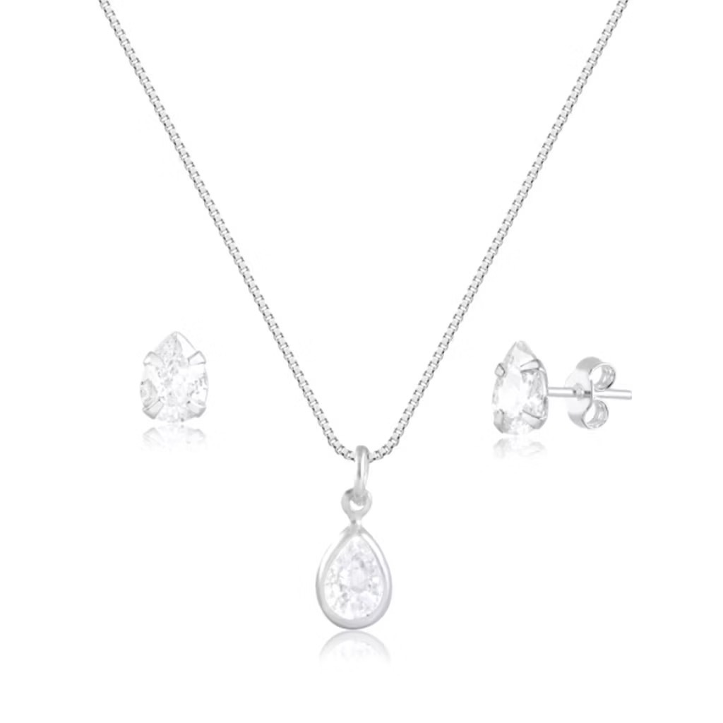 Conjunto Colar e Brinco Prata 925 e Banhado a Ouro 18k - Ponto de Luz e Coração