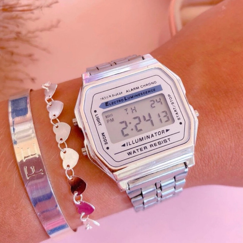 Relógio Retrô Wr Unissex Prata Fundo Branco Preto Digital Led Vintage Feminino