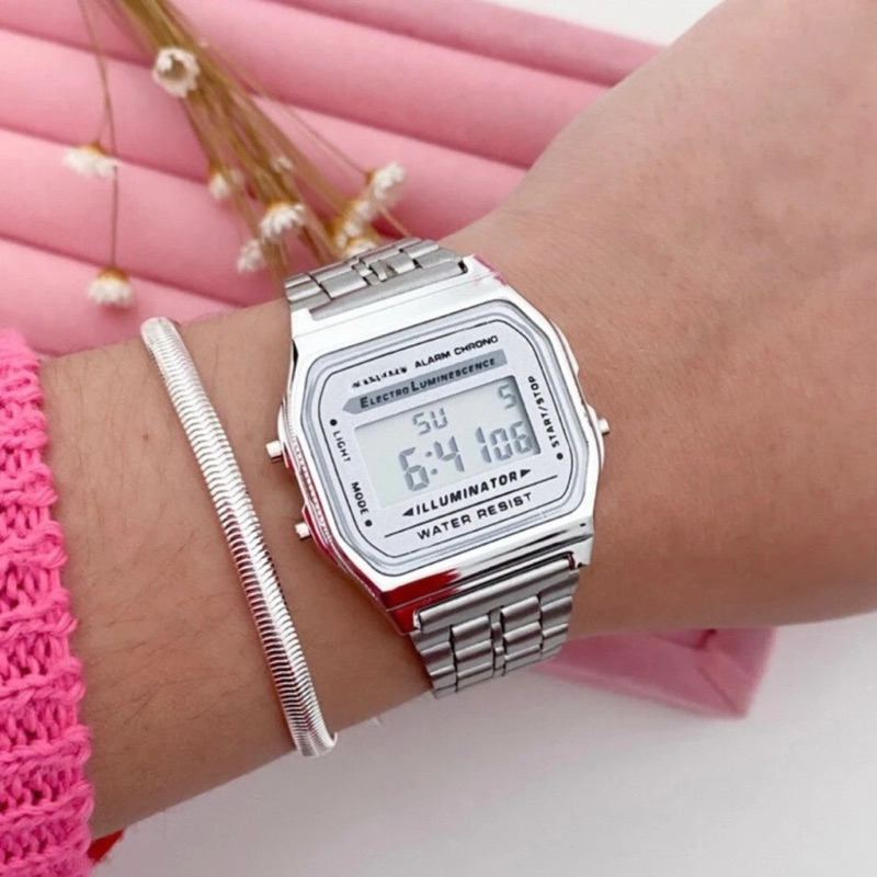 Relógio Retrô Wr Unissex Prata Fundo Branco Preto Digital Led Vintage Feminino