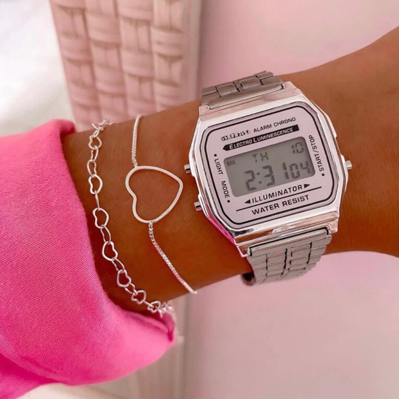 Relógio Retrô Wr Unissex Prata Fundo Branco Preto Digital Led Vintage Feminino