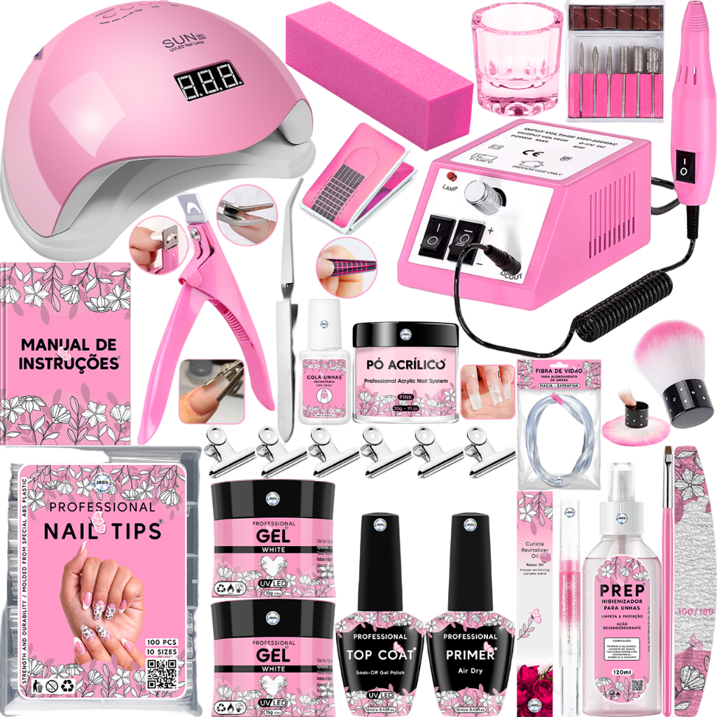 Kit Unha Gel Acrigel Fibra Para Iniciantes Completo Cabine Sun 5 estufa Unhas lixadeira elétrica Manicure Profissional