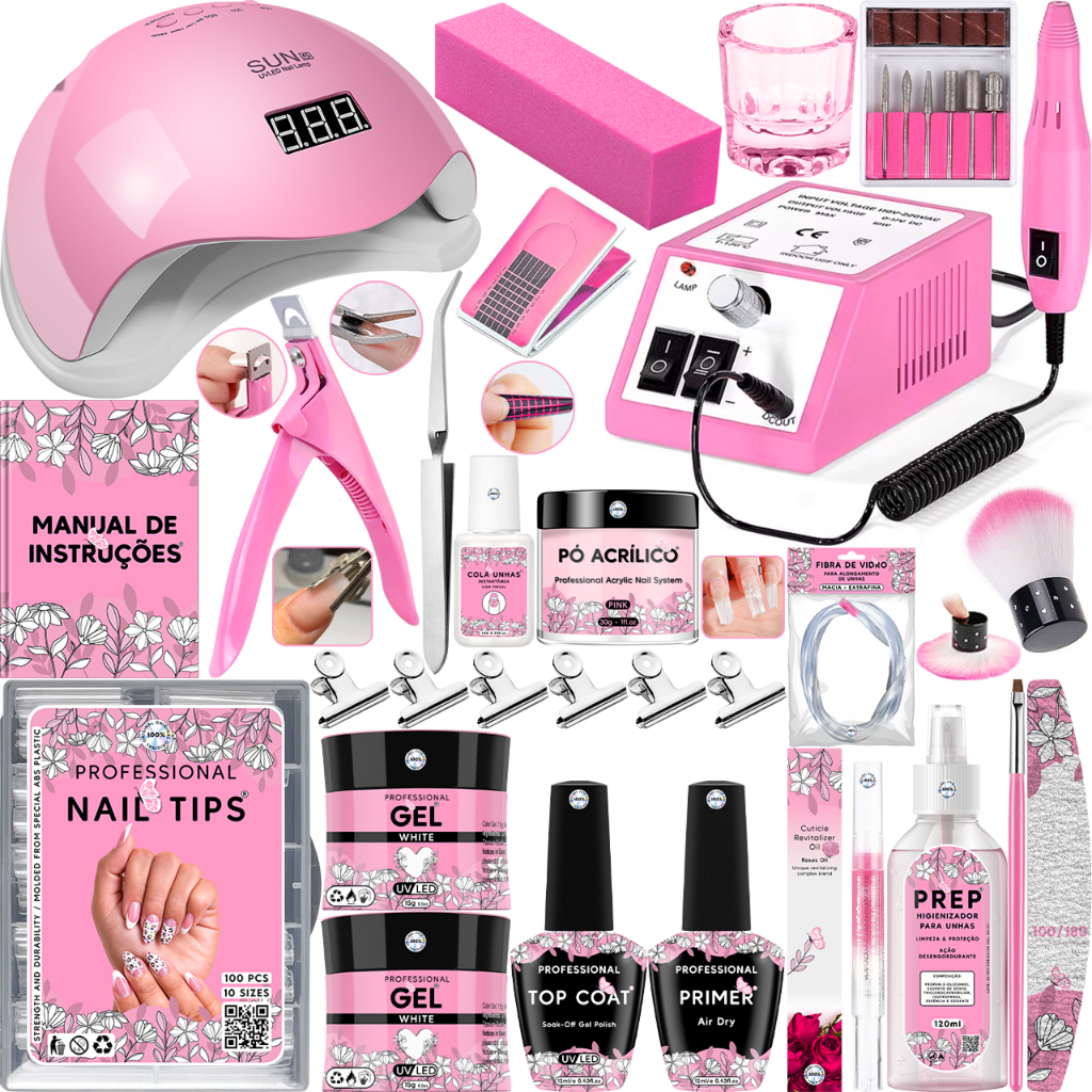 Kit Completo Unhas Gel, Acrigel e Fibra – Para Iniciantes | Cabine Sun 5 + Lixadeira Elétrica + Itens Profissionais