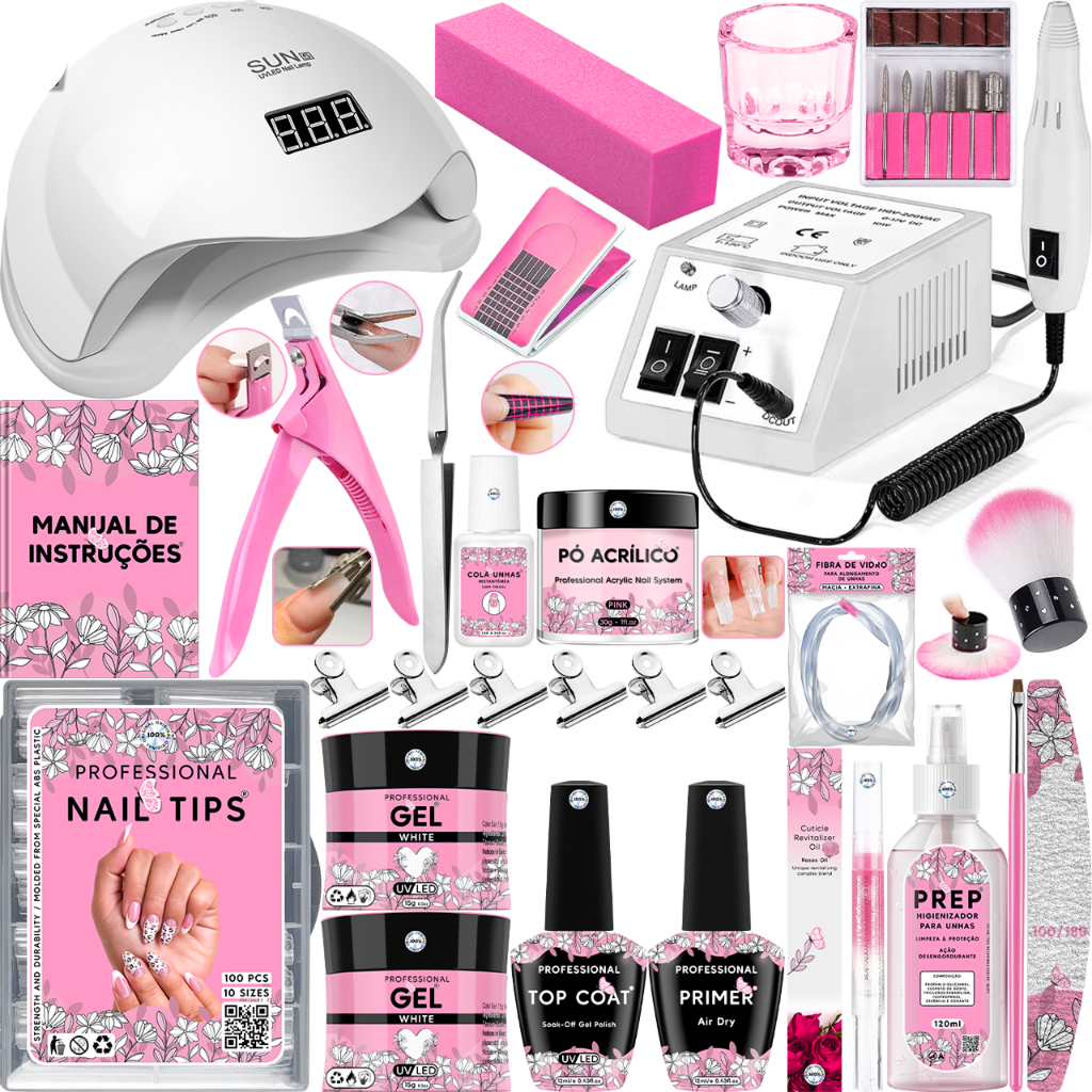 Kit Completo Unhas Gel, Acrigel e Fibra – Para Iniciantes | Cabine Sun 5 + Lixadeira Elétrica + Itens Profissionais