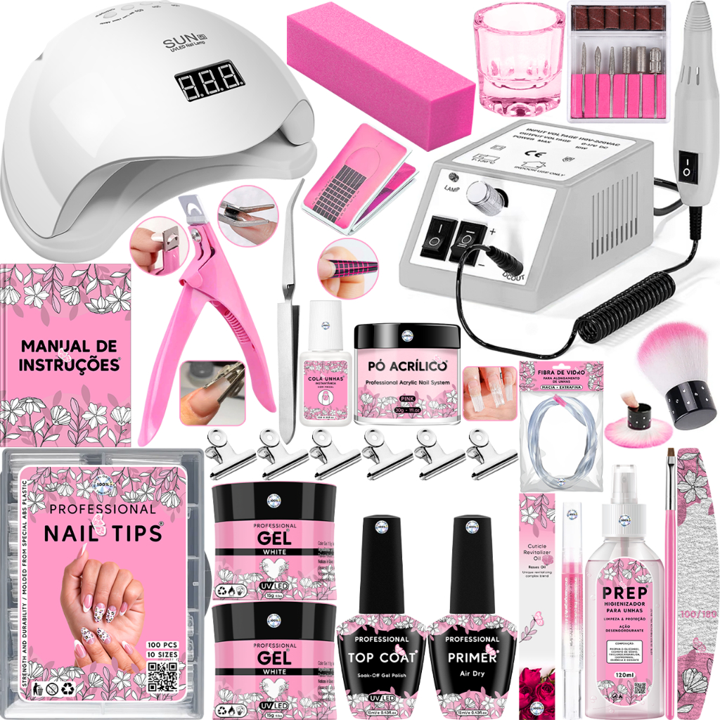 Kit Completo Unhas Gel, Acrigel e Fibra – Para Iniciantes | Cabine Sun 5 + Lixadeira Elétrica + Itens Profissionais