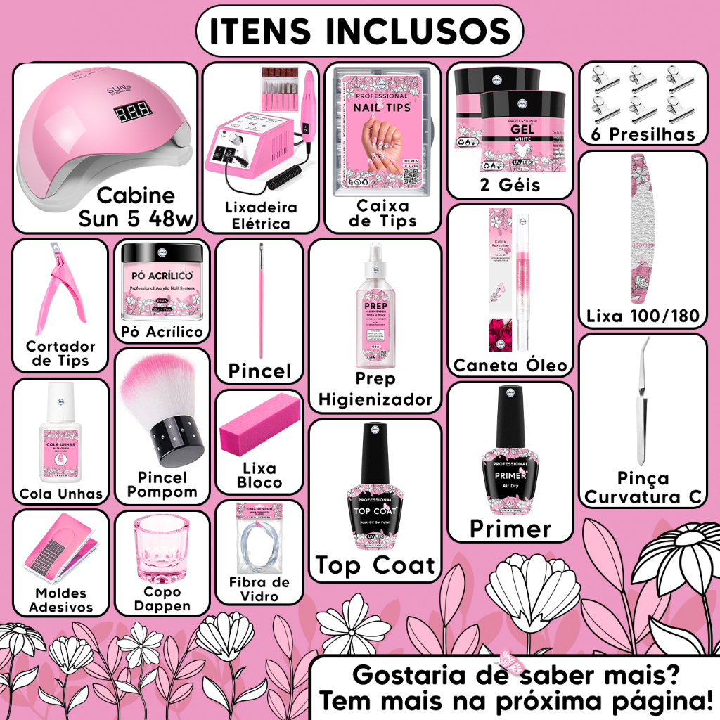 Kit Unha Gel Acrigel Fibra Para Iniciantes Completo Cabine Sun 5 estufa Unhas lixadeira elétrica Manicure Profissional