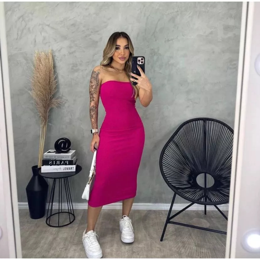 Vestido Midi Tomara que Caia Tubinho Canelado