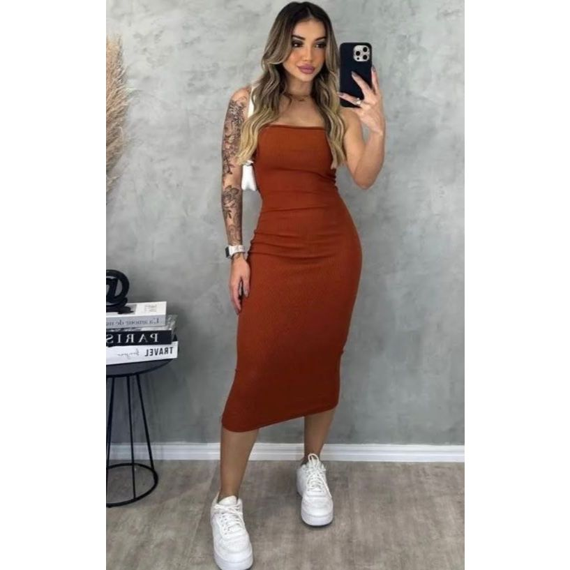 Vestido Midi Tomara que Caia Tubinho Canelado