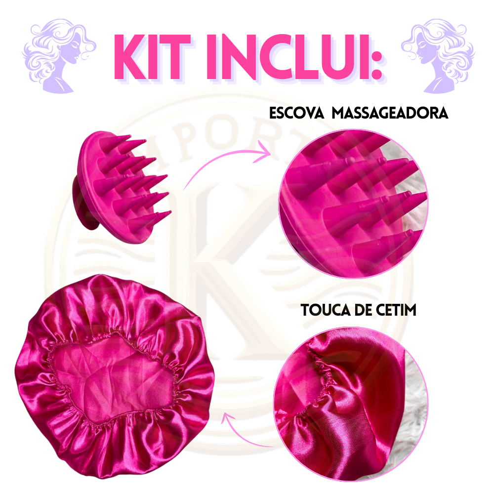 Kit 5 Escovas de Cabelo + Touca de Cetim – Raquete Fashion, Mágica, Polvo, Massageadora de Silicone