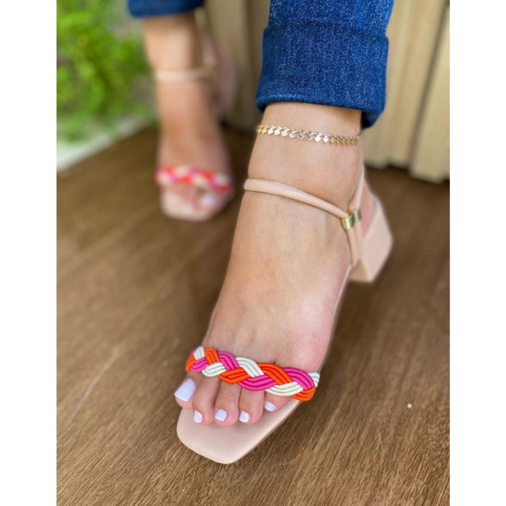 Sandália feminina salto bloco trança colorida