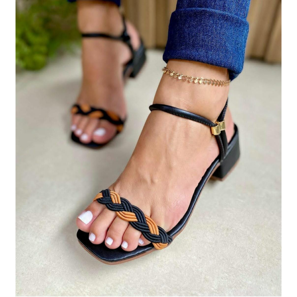 Sandália feminina salto bloco trança colorida