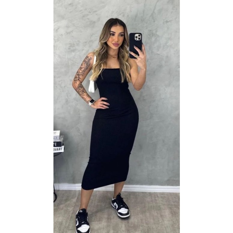 Vestido Midi Tomara que Caia Tubinho Canelado