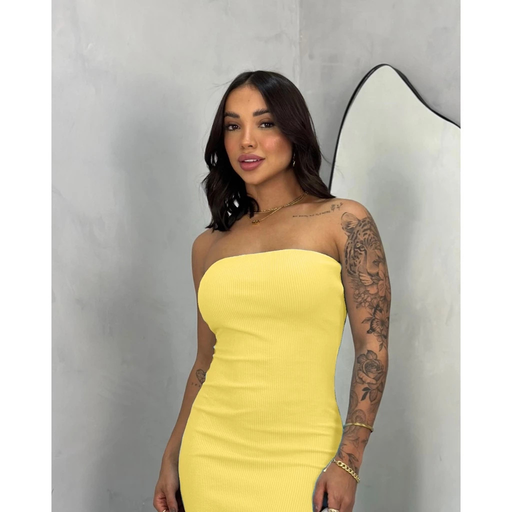 Vestido Midi Tomara que Caia Tubinho Canelado - Cores do Verão Estilo Blogueira para Arrasar!