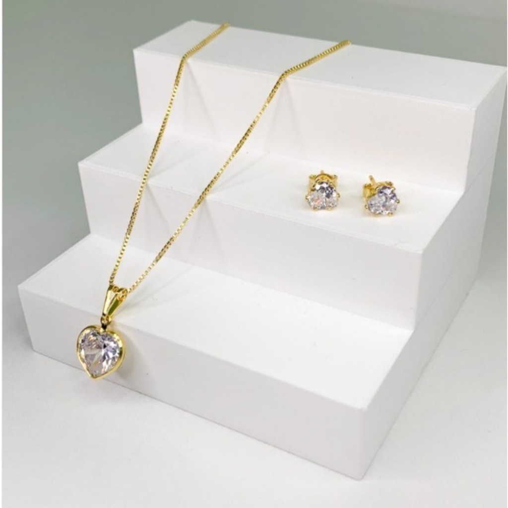 Conjunto Colar e Brinco Prata 925 e Banhado a Ouro 18k - Ponto de Luz e Coração
